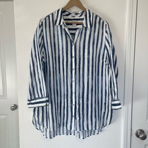 Chicos Linen Shirt sz 3 US 16 White Navy Striped No Iron Button Up Coastal Chic